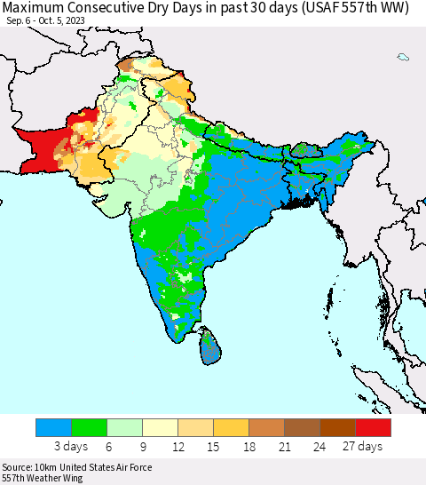 Southern Asia Maximum Consecutive Dry Days in past 30 days (USAF 557th WW) 10/05/2023 Thematic Map For 10/1/2023 - 10/5/2023