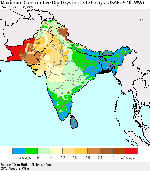 Southern Asia Maximum Consecutive Dry Days in past 30 days (USAF 557th WW) 10/10/2023 Thematic Map For 10/6/2023 - 10/10/2023