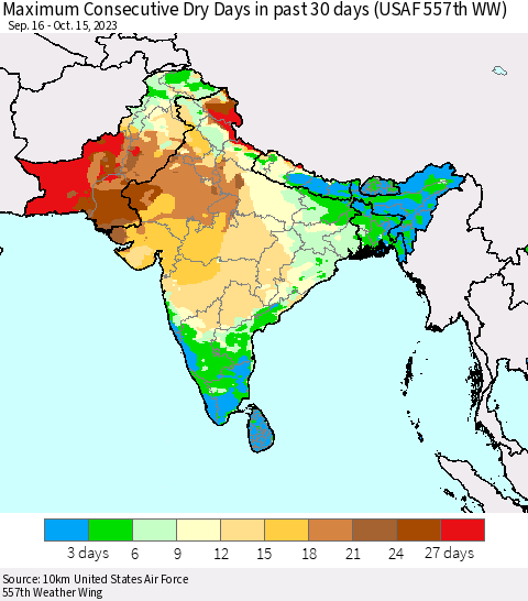 Southern Asia Maximum Consecutive Dry Days in past 30 days (USAF 557th WW) 10/15/2023 Thematic Map For 10/11/2023 - 10/15/2023