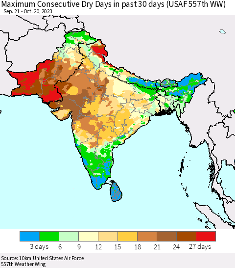 Southern Asia Maximum Consecutive Dry Days in past 30 days (USAF 557th WW) 10/20/2023 Thematic Map For 10/16/2023 - 10/20/2023