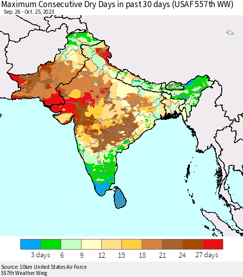 Southern Asia Maximum Consecutive Dry Days in past 30 days (USAF 557th WW) 10/25/2023 Thematic Map For 10/21/2023 - 10/25/2023