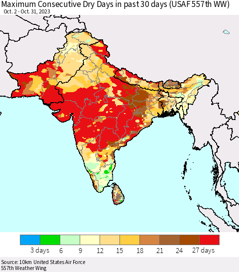 Southern Asia Maximum Consecutive Dry Days in past 30 days (USAF 557th WW) 10/31/2023 Thematic Map For 10/26/2023 - 10/31/2023