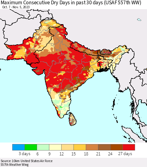 Southern Asia Maximum Consecutive Dry Days in past 30 days (USAF 557th WW) 11/05/2023 Thematic Map For 11/1/2023 - 11/5/2023