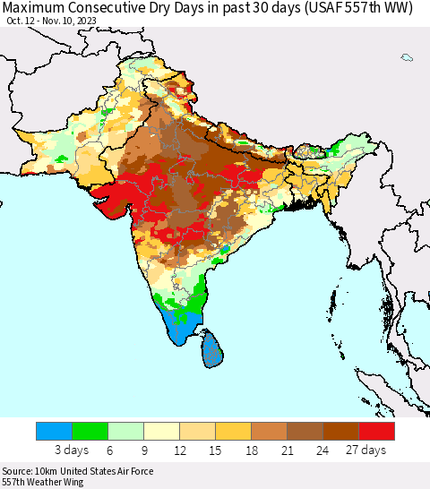 Southern Asia Maximum Consecutive Dry Days in past 30 days (USAF 557th WW) 11/10/2023 Thematic Map For 11/6/2023 - 11/10/2023