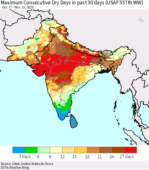 Southern Asia Maximum Consecutive Dry Days in past 30 days (USAF 557th WW) 11/15/2023 Thematic Map For 11/11/2023 - 11/15/2023