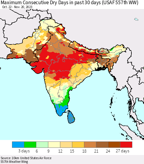 Southern Asia Maximum Consecutive Dry Days in past 30 days (USAF 557th WW) 11/20/2023 Thematic Map For 11/16/2023 - 11/20/2023