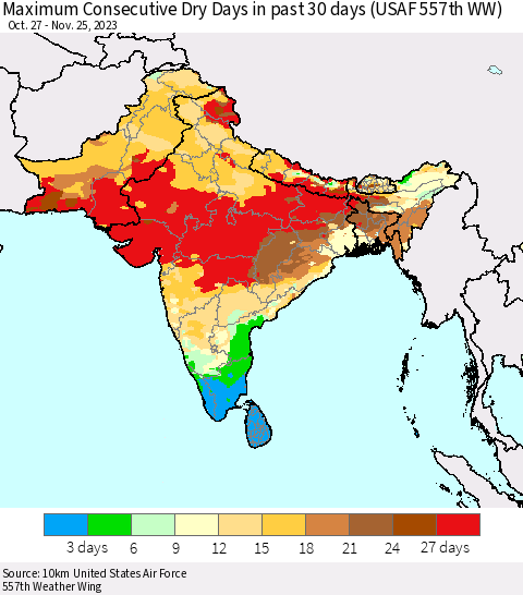 Southern Asia Maximum Consecutive Dry Days in past 30 days (USAF 557th WW) 11/25/2023 Thematic Map For 11/21/2023 - 11/25/2023