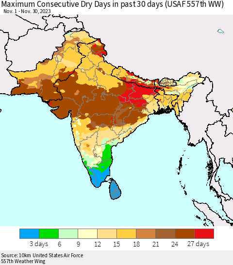 Southern Asia Maximum Consecutive Dry Days in past 30 days (USAF 557th WW) 11/30/2023 Thematic Map For 11/26/2023 - 11/30/2023