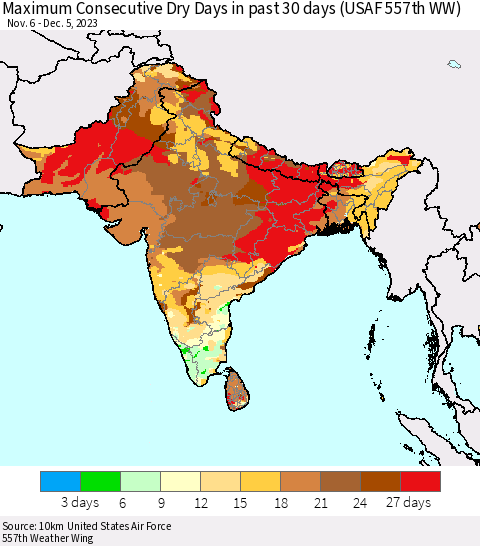 Southern Asia Maximum Consecutive Dry Days in past 30 days (USAF 557th WW) 12/05/2023 Thematic Map For 12/1/2023 - 12/5/2023