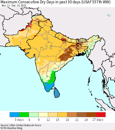 Southern Asia Maximum Consecutive Dry Days in past 30 days (USAF 557th WW) 12/10/2023 Thematic Map For 12/6/2023 - 12/10/2023