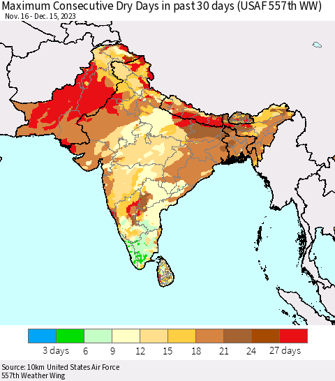 Southern Asia Maximum Consecutive Dry Days in past 30 days (USAF 557th WW) 12/15/2023 Thematic Map For 12/11/2023 - 12/15/2023