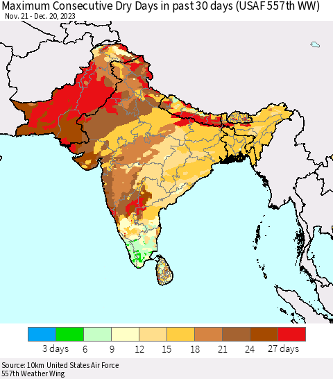 Southern Asia Maximum Consecutive Dry Days in past 30 days (USAF 557th WW) 12/20/2023 Thematic Map For 12/16/2023 - 12/20/2023