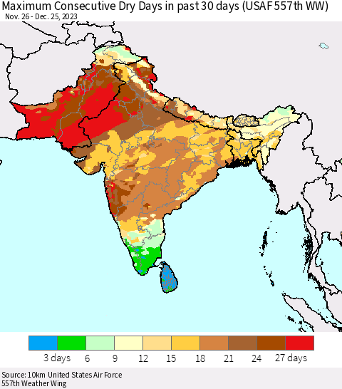 Southern Asia Maximum Consecutive Dry Days in past 30 days (USAF 557th WW) 12/25/2023 Thematic Map For 12/21/2023 - 12/25/2023
