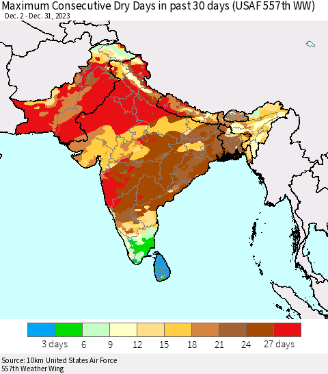 Southern Asia Maximum Consecutive Dry Days in past 30 days (USAF 557th WW) 12/31/2023 Thematic Map For 12/26/2023 - 12/31/2023
