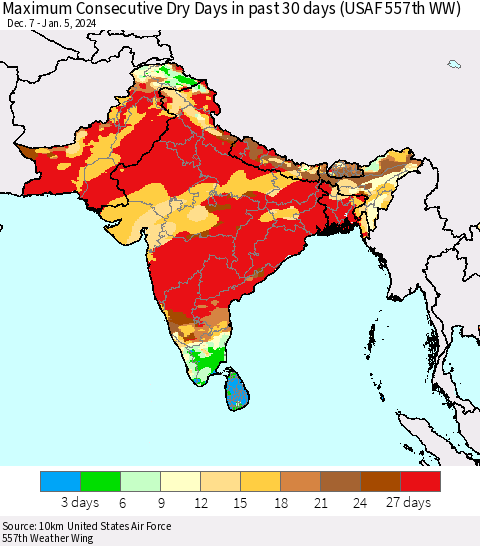 Southern Asia Maximum Consecutive Dry Days in past 30 days (USAF 557th WW) 01/05/2024 Thematic Map For 1/1/2024 - 1/5/2024