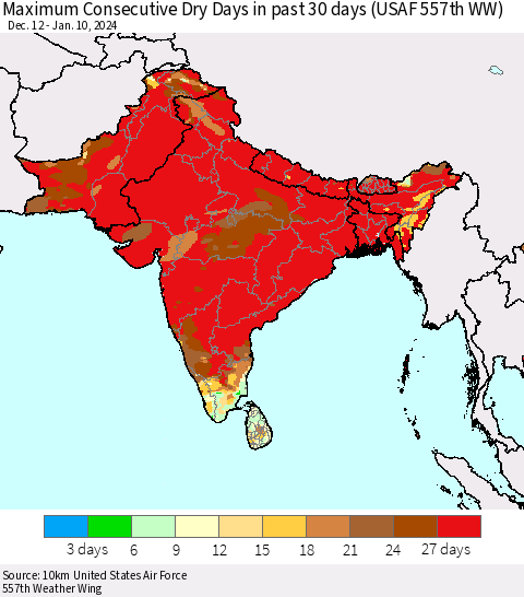 Southern Asia Maximum Consecutive Dry Days in past 30 days (USAF 557th WW) 01/10/2024 Thematic Map For 1/6/2024 - 1/10/2024