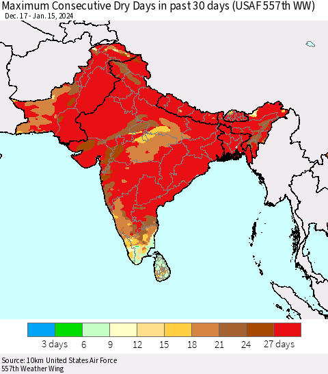 Southern Asia Maximum Consecutive Dry Days in past 30 days (USAF 557th WW) 01/15/2024 Thematic Map For 1/11/2024 - 1/15/2024