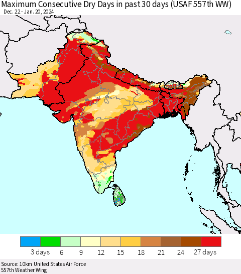 Southern Asia Maximum Consecutive Dry Days in past 30 days (USAF 557th WW) 01/20/2024 Thematic Map For 1/16/2024 - 1/20/2024