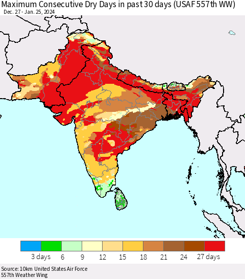 Southern Asia Maximum Consecutive Dry Days in past 30 days (USAF 557th WW) 01/25/2024 Thematic Map For 1/21/2024 - 1/25/2024
