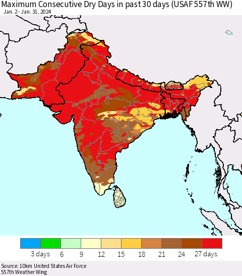Southern Asia Maximum Consecutive Dry Days in past 30 days (USAF 557th WW) 01/31/2024 Thematic Map For 1/26/2024 - 1/31/2024