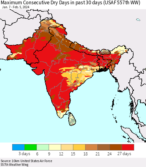 Southern Asia Maximum Consecutive Dry Days in past 30 days (USAF 557th WW) 02/05/2024 Thematic Map For 2/1/2024 - 2/5/2024