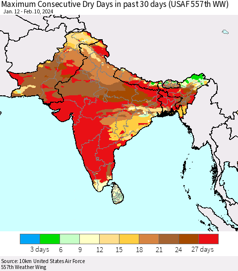 Southern Asia Maximum Consecutive Dry Days in past 30 days (USAF 557th WW) 02/10/2024 Thematic Map For 2/6/2024 - 2/10/2024