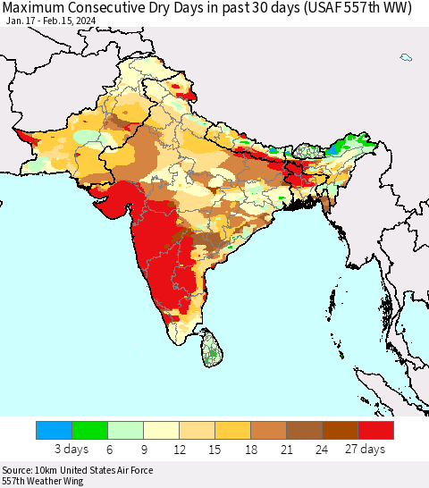 Southern Asia Maximum Consecutive Dry Days in past 30 days (USAF 557th WW) 02/15/2024 Thematic Map For 2/11/2024 - 2/15/2024