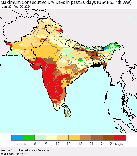 Southern Asia Maximum Consecutive Dry Days in past 30 days (USAF 557th WW) 02/20/2024 Thematic Map For 2/16/2024 - 2/20/2024