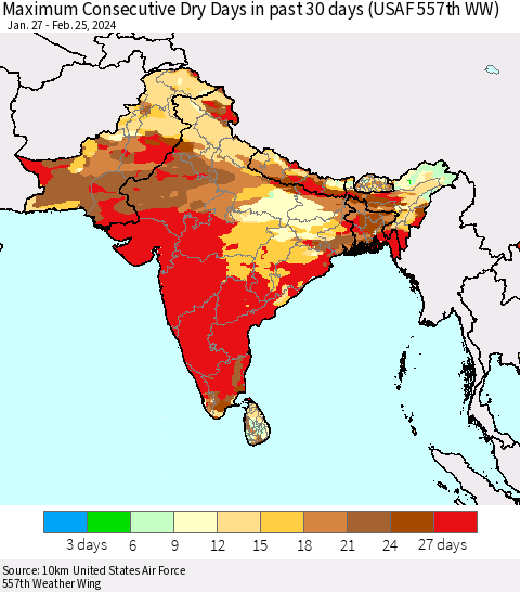 Southern Asia Maximum Consecutive Dry Days in past 30 days (USAF 557th WW) 02/25/2024 Thematic Map For 2/21/2024 - 2/25/2024