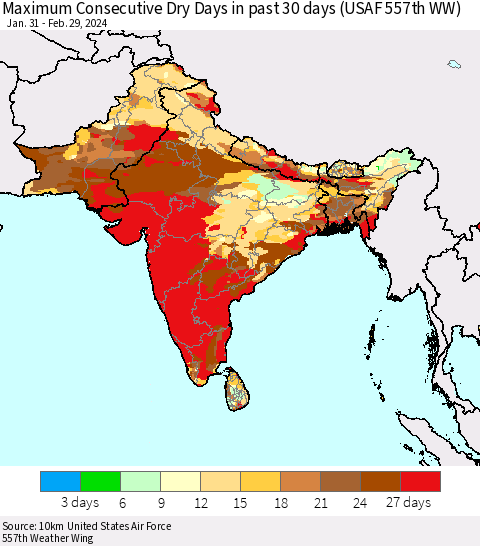 Southern Asia Maximum Consecutive Dry Days in past 30 days (USAF 557th WW) 02/29/2024 Thematic Map For 2/26/2024 - 2/29/2024