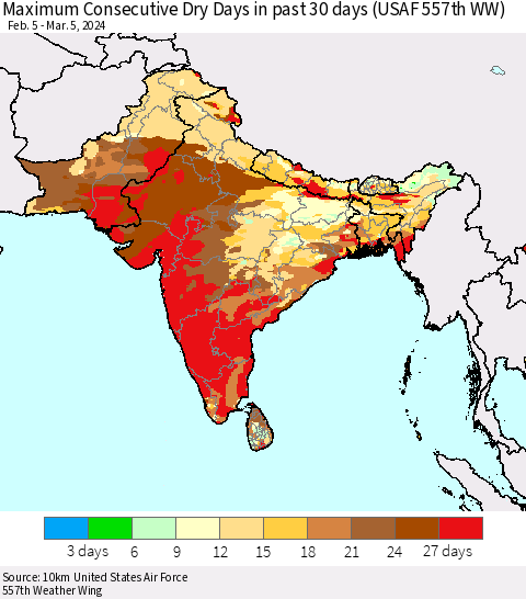 Southern Asia Maximum Consecutive Dry Days in past 30 days (USAF 557th WW) 03/05/2024 Thematic Map For 3/1/2024 - 3/5/2024