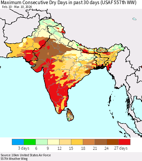 Southern Asia Maximum Consecutive Dry Days in past 30 days (USAF 557th WW) 03/10/2024 Thematic Map For 3/6/2024 - 3/10/2024