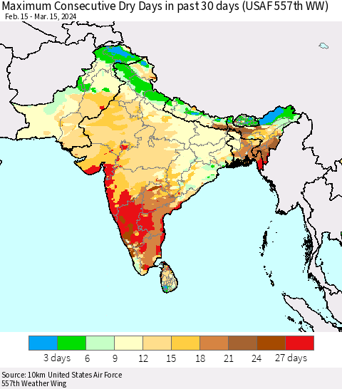 Southern Asia Maximum Consecutive Dry Days in past 30 days (USAF 557th WW) 03/15/2024 Thematic Map For 3/11/2024 - 3/15/2024