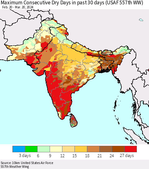 Southern Asia Maximum Consecutive Dry Days in past 30 days (USAF 557th WW) 03/20/2024 Thematic Map For 3/16/2024 - 3/20/2024