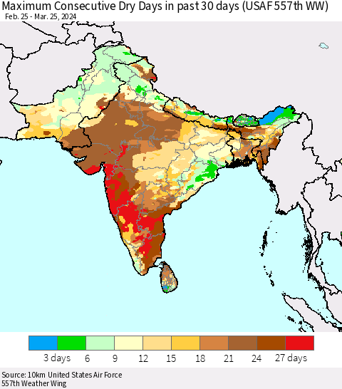 Southern Asia Maximum Consecutive Dry Days in past 30 days (USAF 557th WW) 03/25/2024 Thematic Map For 3/21/2024 - 3/25/2024