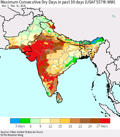 Southern Asia Maximum Consecutive Dry Days in past 30 days (USAF 557th WW) 03/31/2024 Thematic Map For 3/26/2024 - 3/31/2024