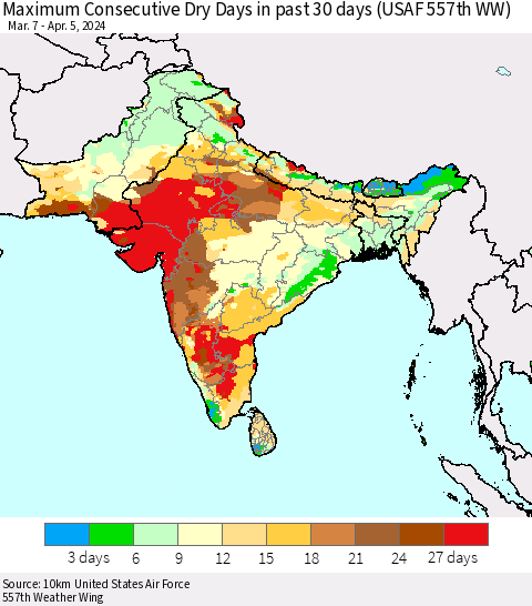 Southern Asia Maximum Consecutive Dry Days in past 30 days (USAF 557th WW) 04/05/2024 Thematic Map For 4/1/2024 - 4/5/2024
