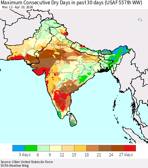 Southern Asia Maximum Consecutive Dry Days in past 30 days (USAF 557th WW) 04/10/2024 Thematic Map For 4/6/2024 - 4/10/2024