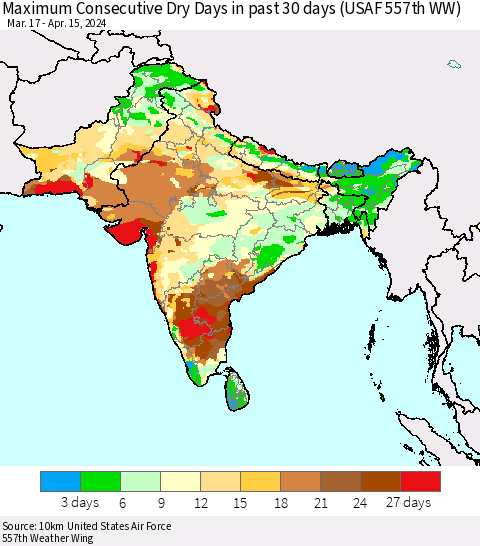 Southern Asia Maximum Consecutive Dry Days in past 30 days (USAF 557th WW) 04/15/2024 Thematic Map For 4/11/2024 - 4/15/2024