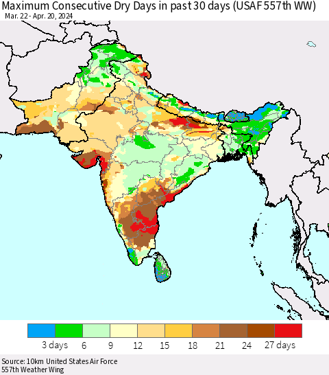 Southern Asia Maximum Consecutive Dry Days in past 30 days (USAF 557th WW) 04/20/2024 Thematic Map For 4/16/2024 - 4/20/2024