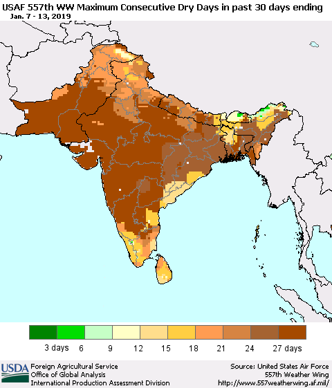Southern Asia Maximum Consecutive Dry Days in past 30 days (USAF 557th WW) 01/13/2019 Thematic Map For 1/7/2019 - 1/13/2019