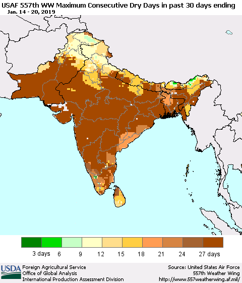 Southern Asia Maximum Consecutive Dry Days in past 30 days (USAF 557th WW) 01/20/2019 Thematic Map For 1/14/2019 - 1/20/2019