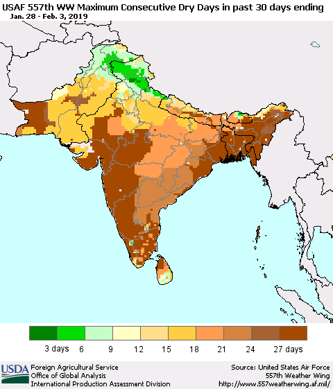 Southern Asia Maximum Consecutive Dry Days in past 30 days (USAF 557th WW) 02/03/2019 Thematic Map For 1/28/2019 - 2/3/2019