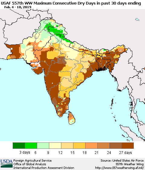 Southern Asia Maximum Consecutive Dry Days in past 30 days (USAF 557th WW) 02/10/2019 Thematic Map For 2/4/2019 - 2/10/2019