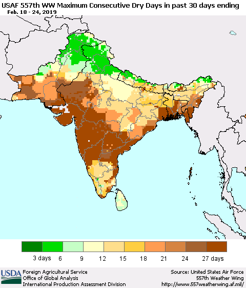 Southern Asia Maximum Consecutive Dry Days in past 30 days (USAF 557th WW) 02/24/2019 Thematic Map For 2/18/2019 - 2/24/2019