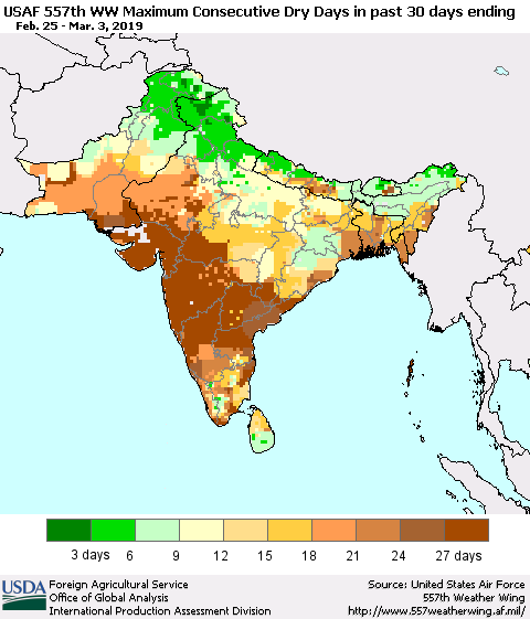 Southern Asia Maximum Consecutive Dry Days in past 30 days (USAF 557th WW) 03/03/2019 Thematic Map For 2/25/2019 - 3/3/2019