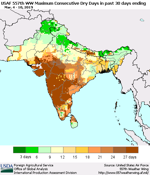 Southern Asia Maximum Consecutive Dry Days in past 30 days (USAF 557th WW) 03/10/2019 Thematic Map For 3/4/2019 - 3/10/2019