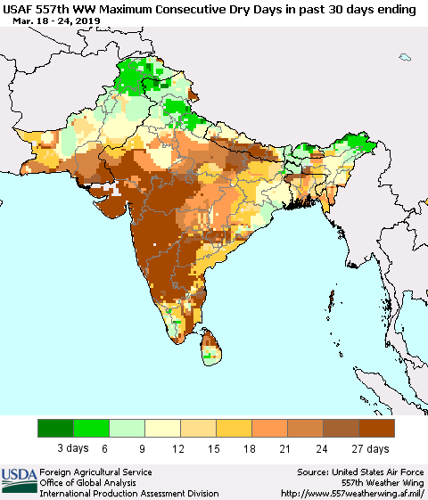 Southern Asia Maximum Consecutive Dry Days in past 30 days (USAF 557th WW) 03/24/2019 Thematic Map For 3/18/2019 - 3/24/2019