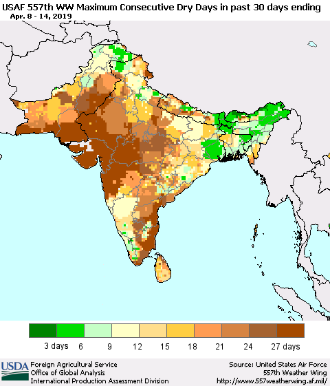 Southern Asia Maximum Consecutive Dry Days in past 30 days (USAF 557th WW) 04/14/2019 Thematic Map For 4/8/2019 - 4/14/2019