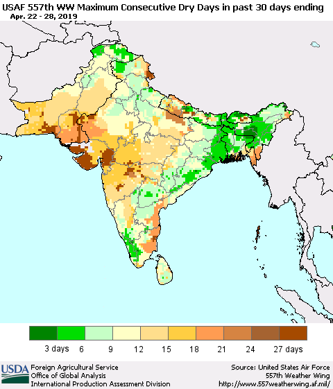 Southern Asia Maximum Consecutive Dry Days in past 30 days (USAF 557th WW) 04/28/2019 Thematic Map For 4/22/2019 - 4/28/2019